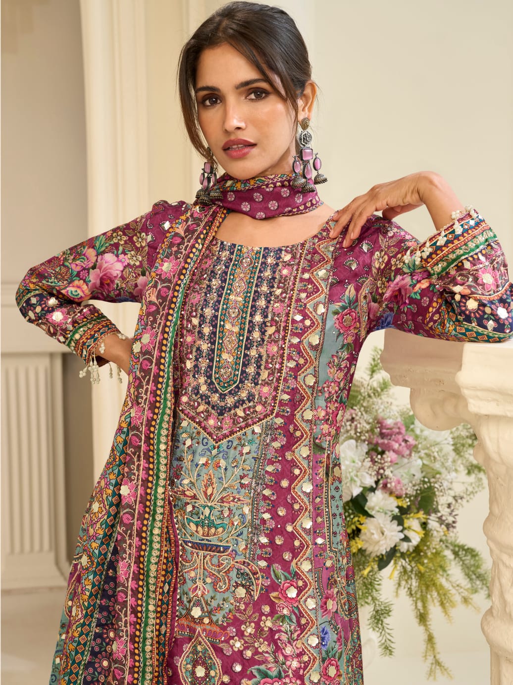 Wine Maroon Crepe Silk Palazzo Suit Set with Aari &amp; Gota Patti Work
