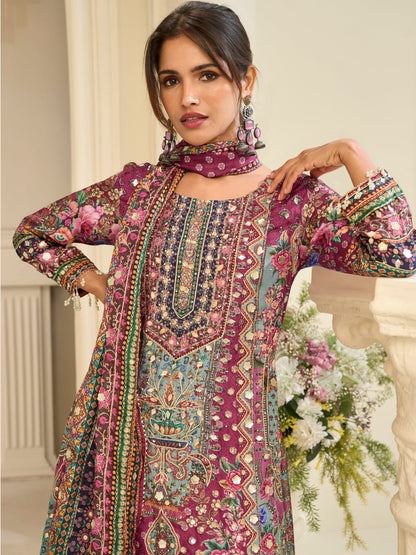 Wine Maroon Crepe Silk Palazzo Suit Set with Aari &amp; Gota Patti Work