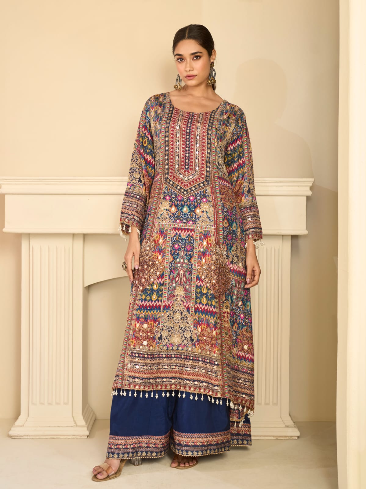 Multicolor Blue Crepe Silk Palazzo Suit Set with Aari &amp; Gota Patti Work