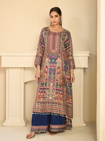Multicolor Blue Crepe Silk Palazzo Suit Set with Aari &amp; Gota Patti Work