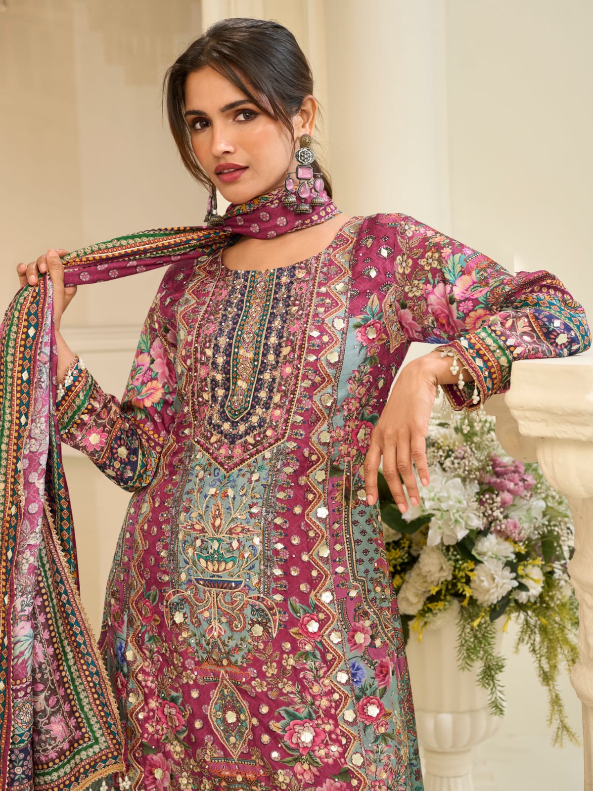 Wine Maroon Crepe Silk Palazzo Suit Set with Aari &amp; Gota Patti Work