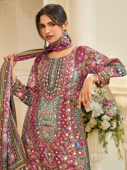 Wine Maroon Crepe Silk Palazzo Suit Set with Aari &amp; Gota Patti Work