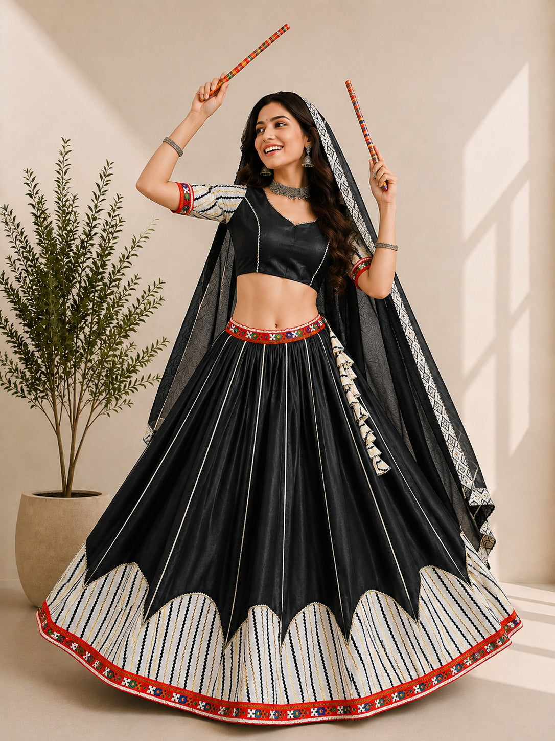 Black Pure Premium Cotton Silk Elegant Gamthi Work Navratri Lehenga Choli