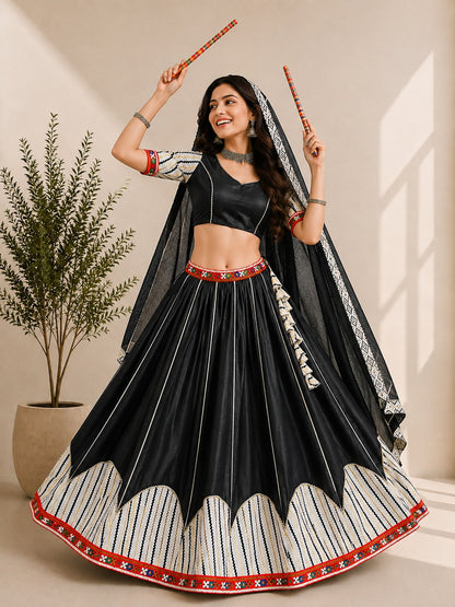 Black Pure Premium Cotton Silk Elegant Gamthi Work Navratri Lehenga Choli
