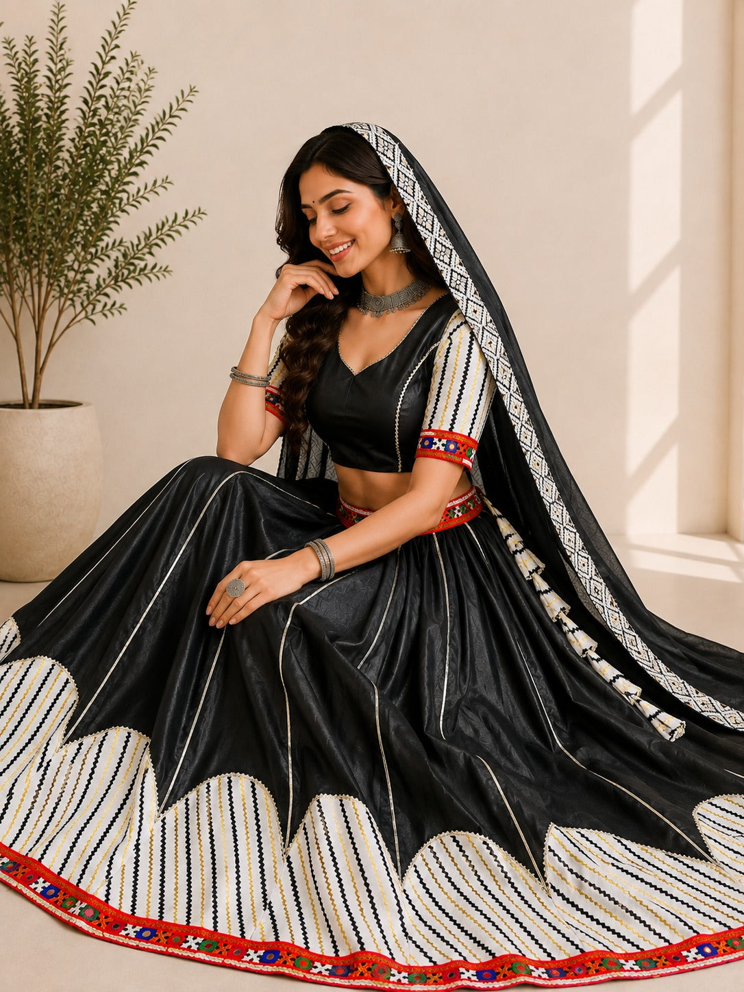 Black Pure Premium Cotton Silk Elegant Gamthi Work Navratri Lehenga Choli