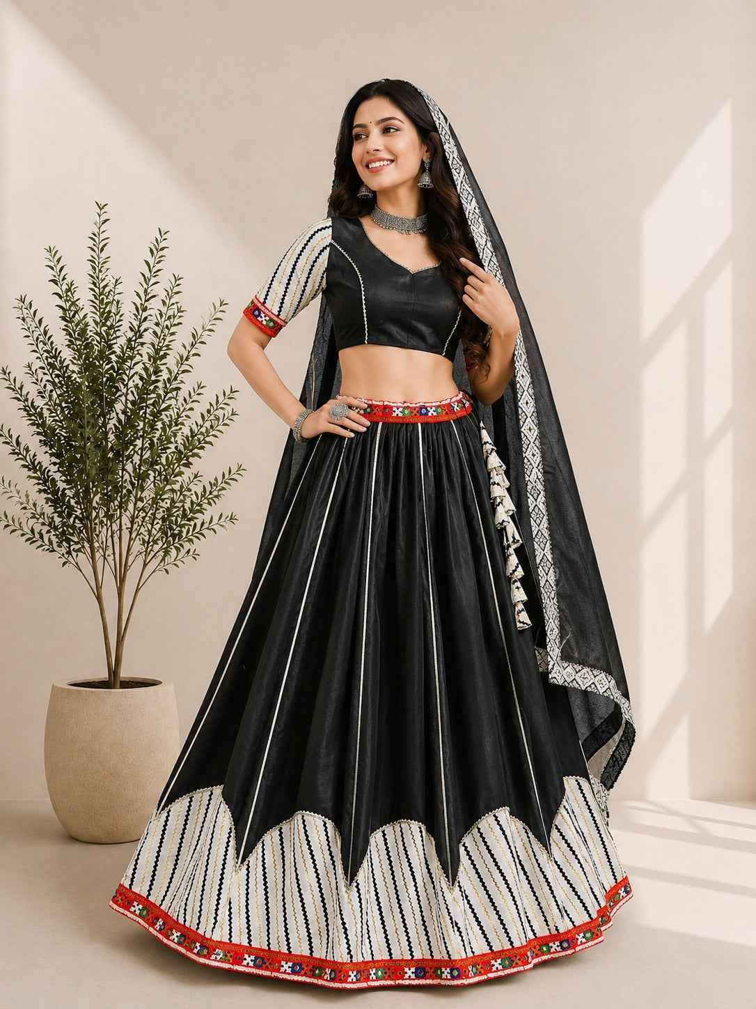 Black Pure Premium Cotton Silk Elegant Gamthi Work Navratri Lehenga Choli