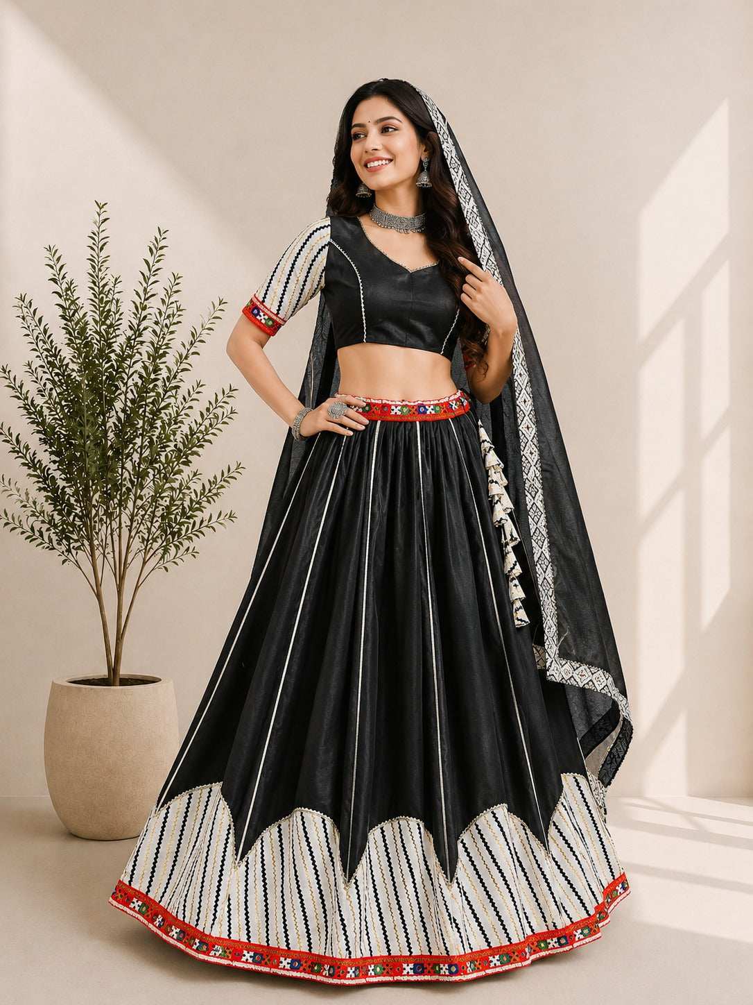 Black Pure Premium Cotton Silk Elegant Gamthi Work Navratri Lehenga Choli