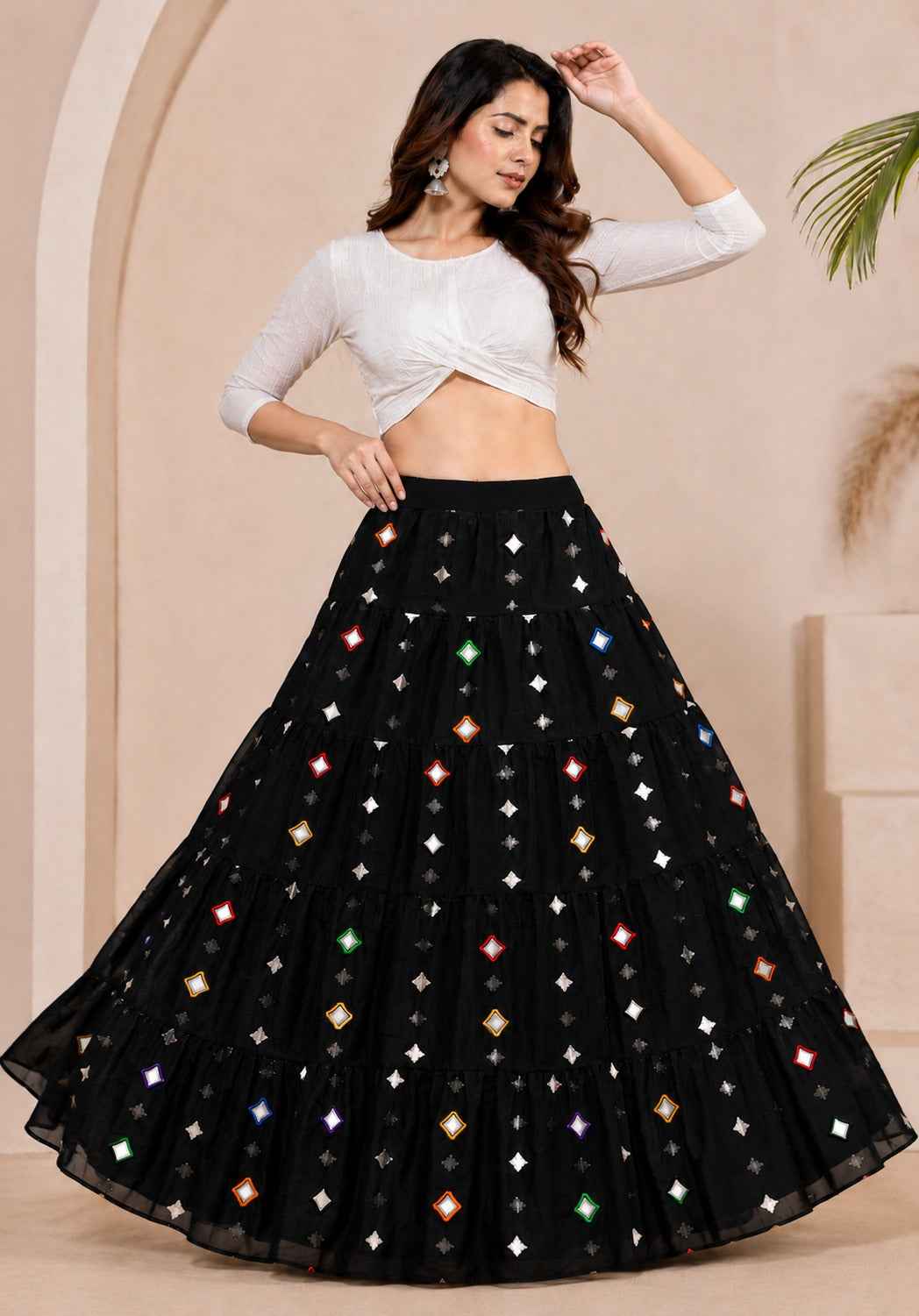 Black Pure Premium Georgette
Elegant Embroidery with Ring Work Navratri Skirt