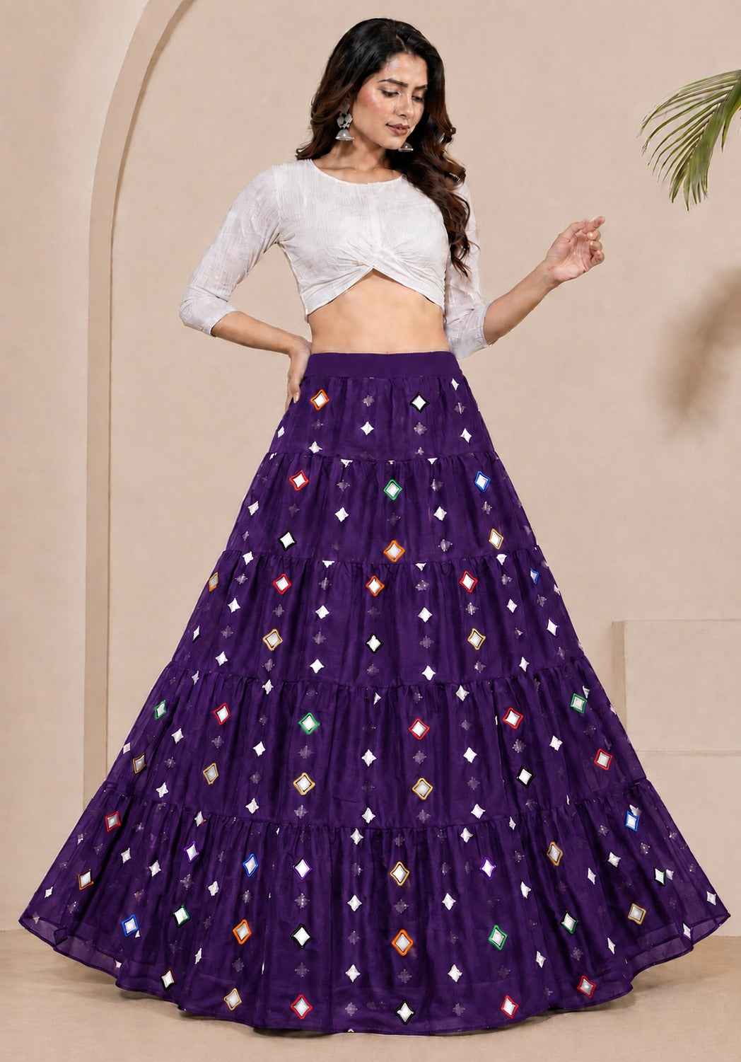 Purple Pure Premium Georgette Elegant Embroidery with Ring Work Navratri Skirt