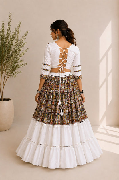 White Pure Cotton Silk Gamthi Work Navratri Lehenga Choli