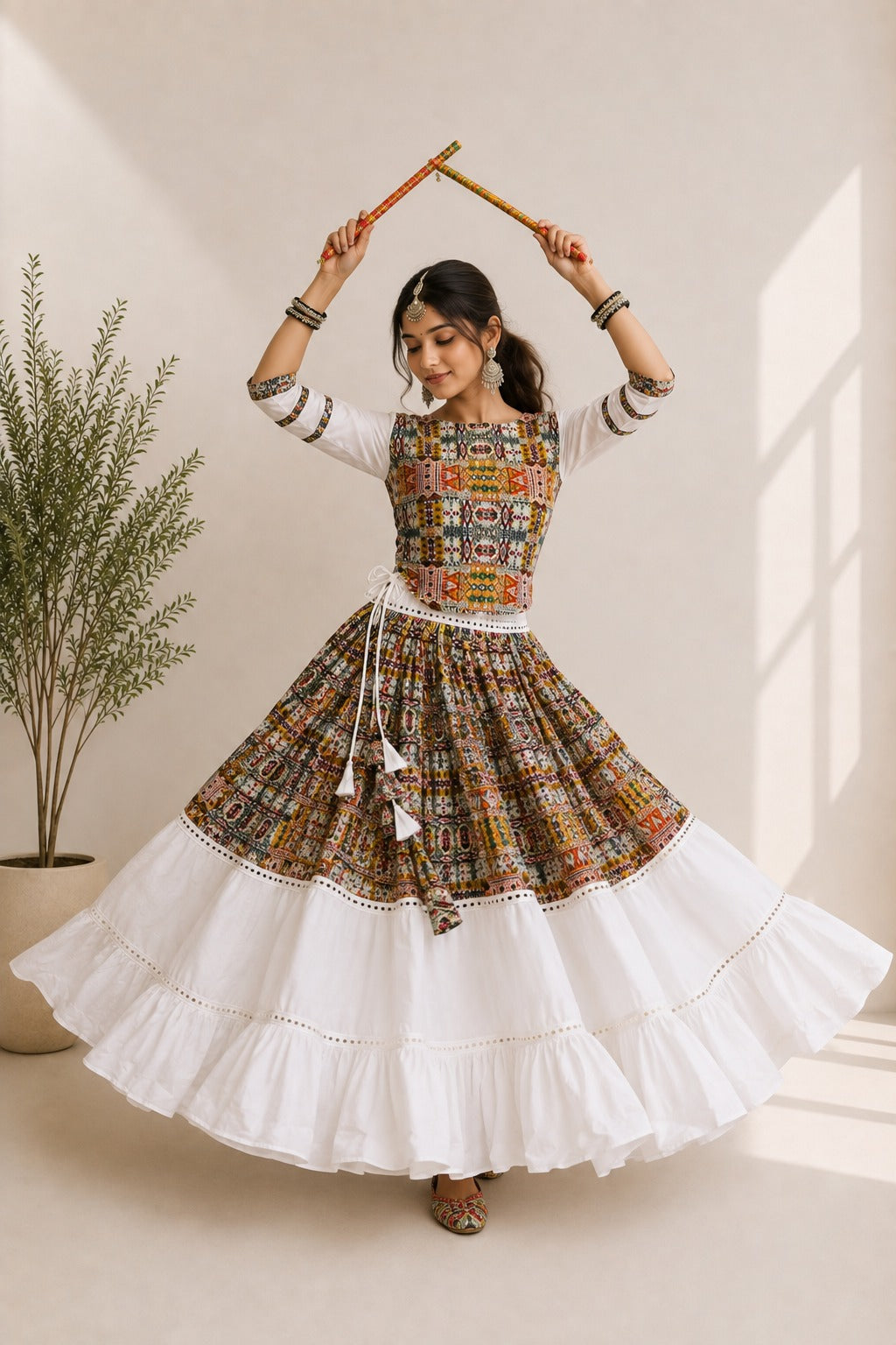 White Pure Cotton Silk Gamthi Work Navratri Lehenga Choli