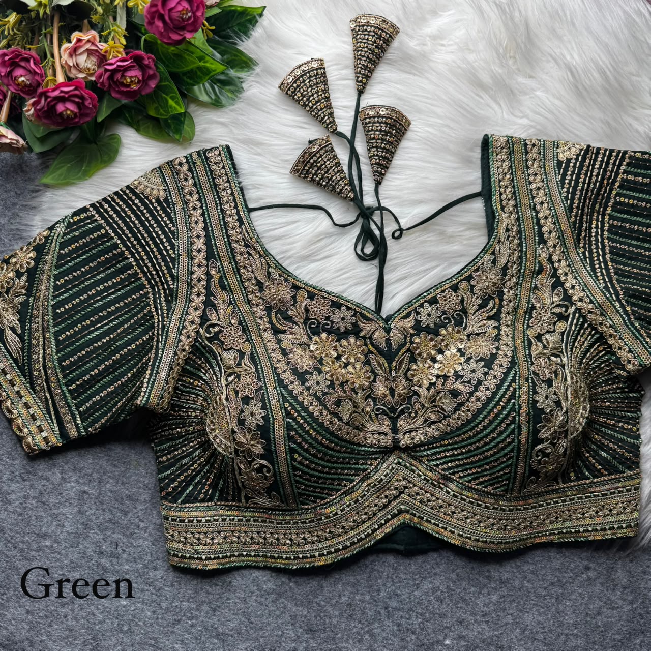 Green Pure Italian Jari Heavy Codding Sequence Work Bridal Blouse