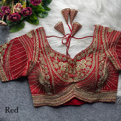 Red Pure Italian Jari Heavy Codding Sequence Work Bridal Blouse