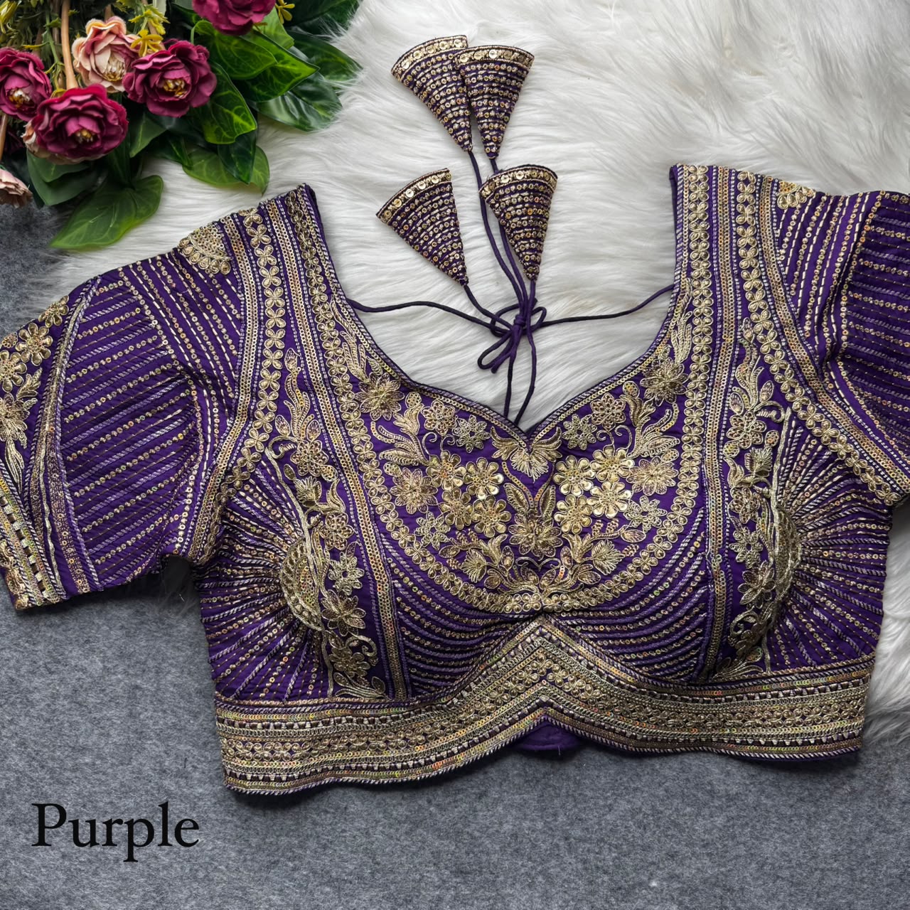 Purple Pure Italian Jari Heavy Codding Sequence Work Bridal Blouse