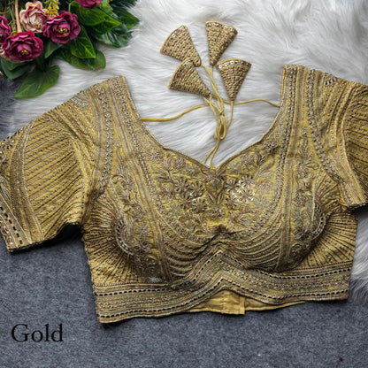 Gold Pure Italian Jari Heavy Codding Sequence Work Bridal Blouse