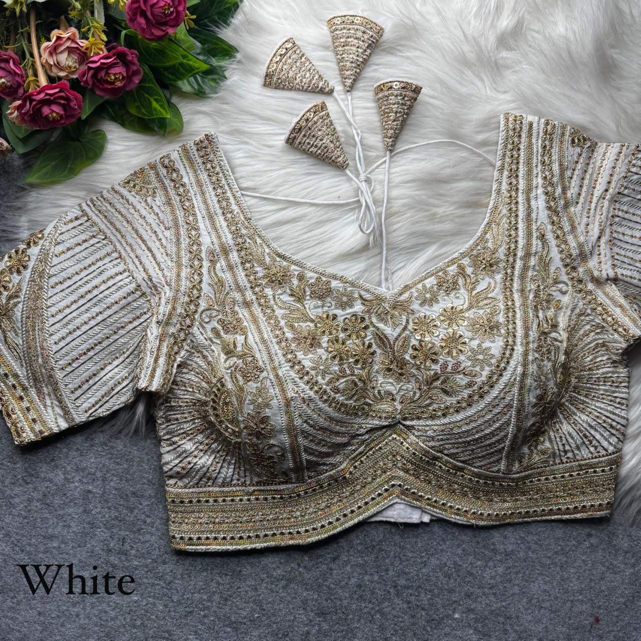White Pure Italian Jari Heavy Codding Sequence Work Bridal Blouse