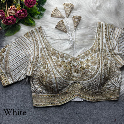 White Pure Italian Jari Heavy Codding Sequence Work Bridal Blouse