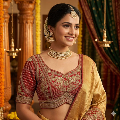 Red Pure Italian Jari Heavy Codding Sequence Work Bridal Blouse
