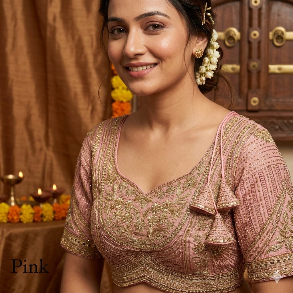 Pink Pure Italian Jari Heavy Codding Sequence Work Bridal Blouse