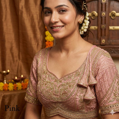 Pink Pure Italian Jari Heavy Codding Sequence Work Bridal Blouse