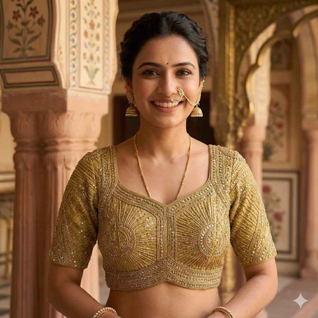 Gold Pure Italian Jari Heavy Codding Sequence Work Bridal Blouse