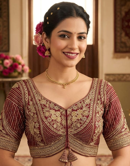 Maroon Pure Italian Jari Heavy Codding Sequence Work Bridal Blouse