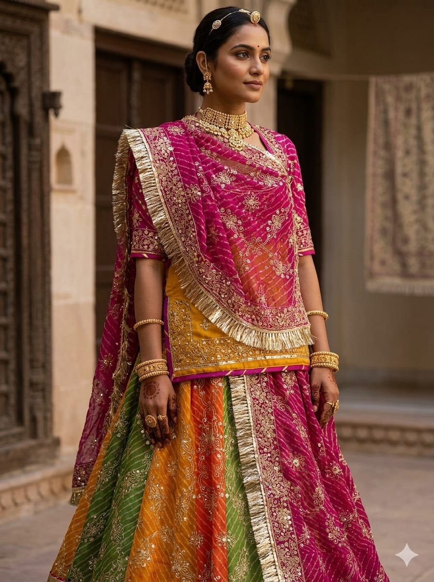 Multi Pure Georgette Lehariya Chunni Rajasthani Rajputi Lehenga Choli