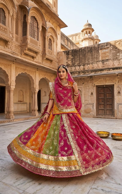 Multi Pure Georgette Lehariya Chunni Rajasthani Rajputi Lehenga Choli