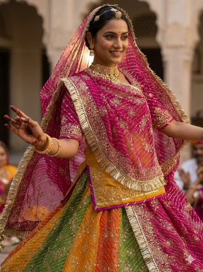 Multi Pure Georgette Lehariya Chunni Rajasthani Rajputi Lehenga Choli
