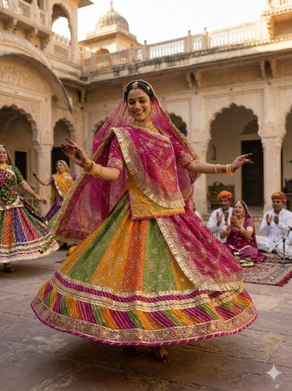 Multi Pure Georgette Lehariya Chunni Rajasthani Rajputi Lehenga Choli