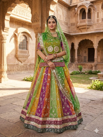 Green Pure Georgette Lehariya Chunni Rajasthani Rajputi Lehenga Choli