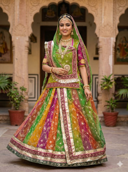 Green Pure Georgette Lehariya Chunni Rajasthani Rajputi Lehenga Choli