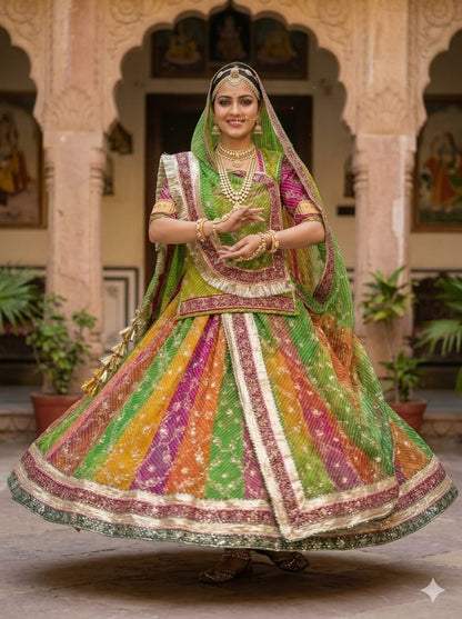 Green Pure Georgette Lehariya Chunni Rajasthani Rajputi Lehenga Choli