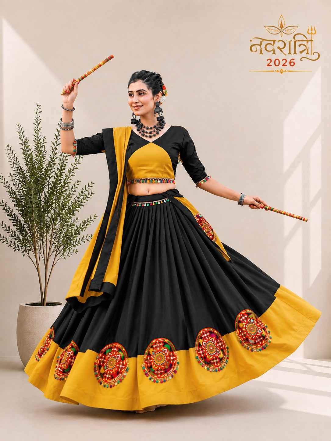 Yellow &amp; Black Pure Cotton Plain With Gamthi &amp; Mirror Work Navratri Lehenga Choli