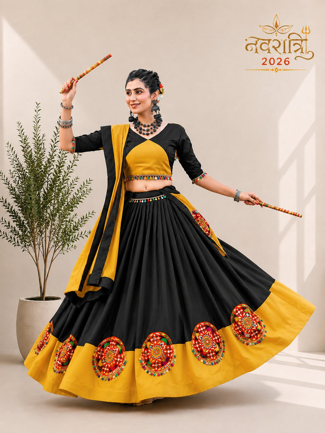 Yellow &amp; Black Pure Cotton Plain With Gamthi &amp; Mirror Work Navratri Lehenga Choli