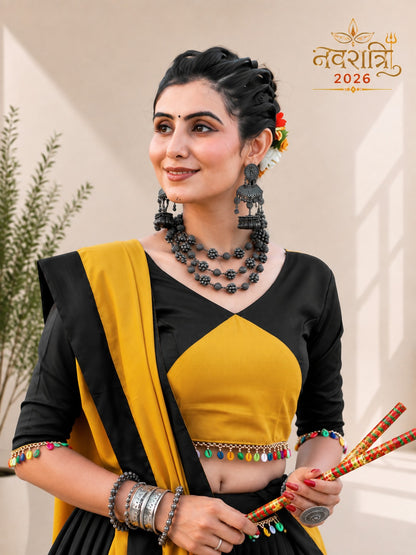 Yellow &amp; Black Pure Cotton Plain With Gamthi &amp; Mirror Work Navratri Lehenga Choli