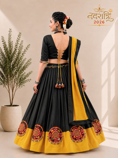 Yellow &amp; Black Pure Cotton Plain With Gamthi &amp; Mirror Work Navratri Lehenga Choli