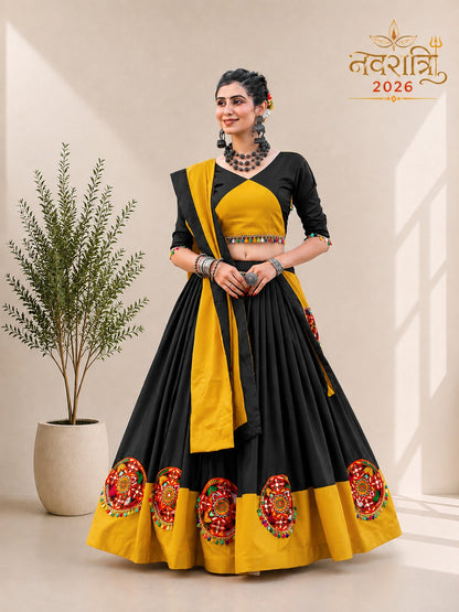 Yellow &amp; Black Pure Cotton Plain With Gamthi &amp; Mirror Work Navratri Lehenga Choli