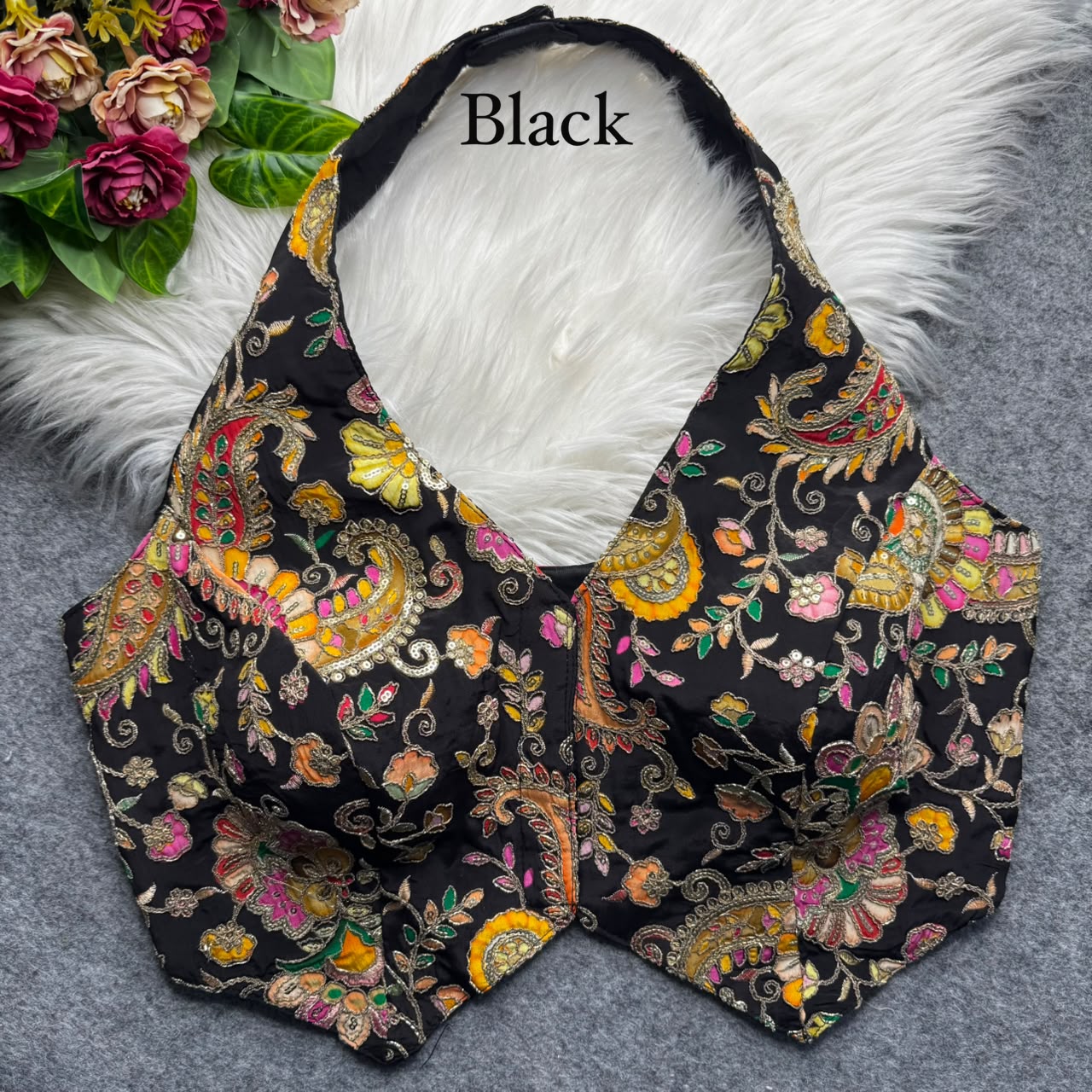 Black Pure Viscose Soft Crape Silk Halter Neck Pure Position Work Navratri Blouse