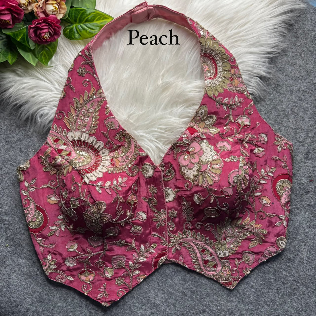 Peach Pure Viscose Soft Crape Silk Halter Neck Pure Position Work Navratri Blouse