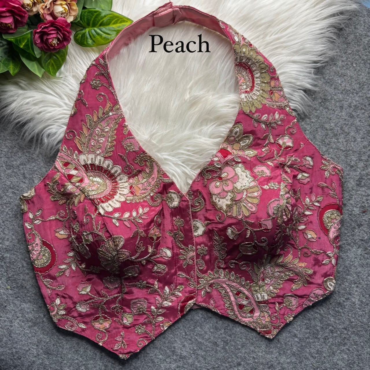 Peach Pure Viscose Soft Crape Silk Halter Neck Pure Position Work Navratri Blouse