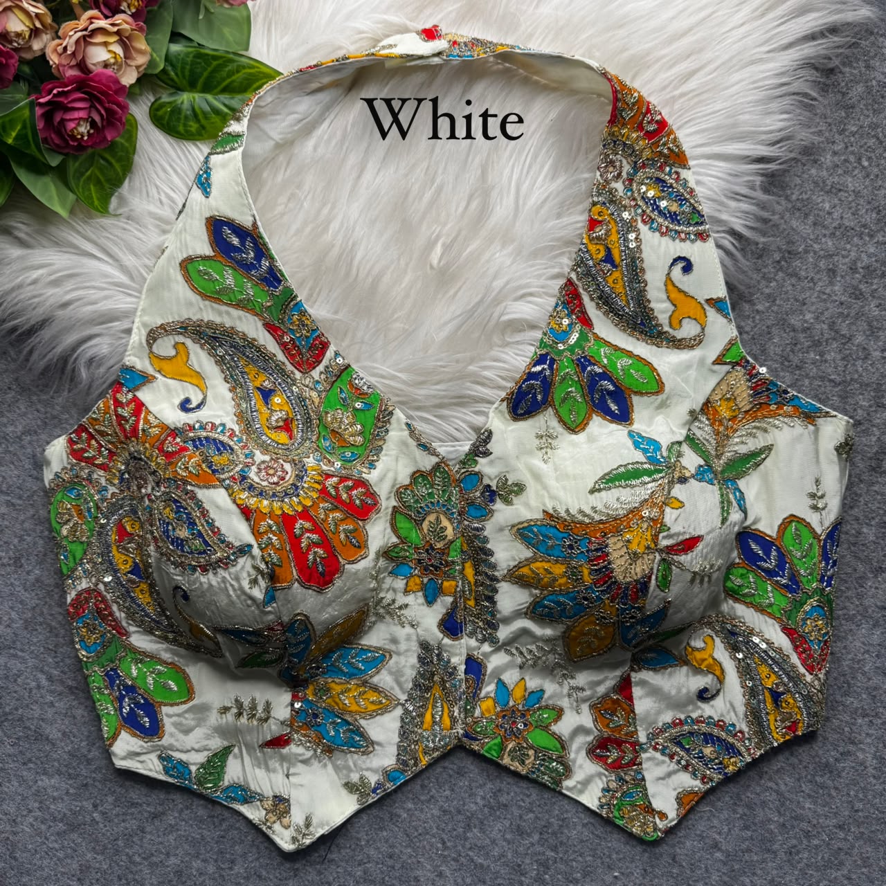 White Pure Viscose Soft Crape Silk Halter Neck Pure Position Work Navratri Blouse