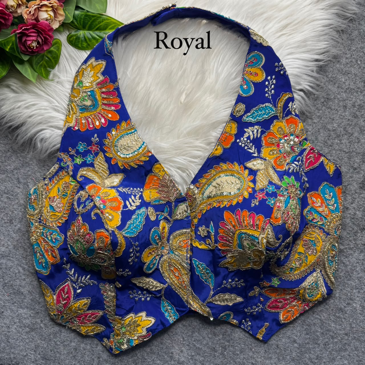 Royal Blue Pure Viscose Soft Crape Silk Halter Neck Pure Position Work Navratri Blouse