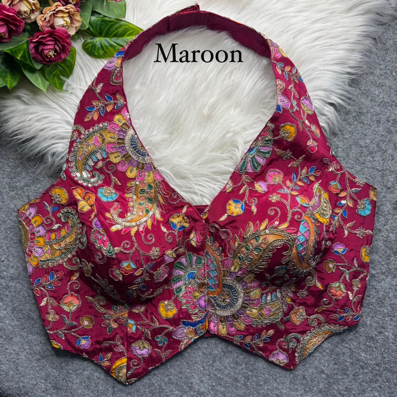 Maroon Pure Viscose Soft Crape Silk Halter Neck Pure Position Work Navratri Blouse