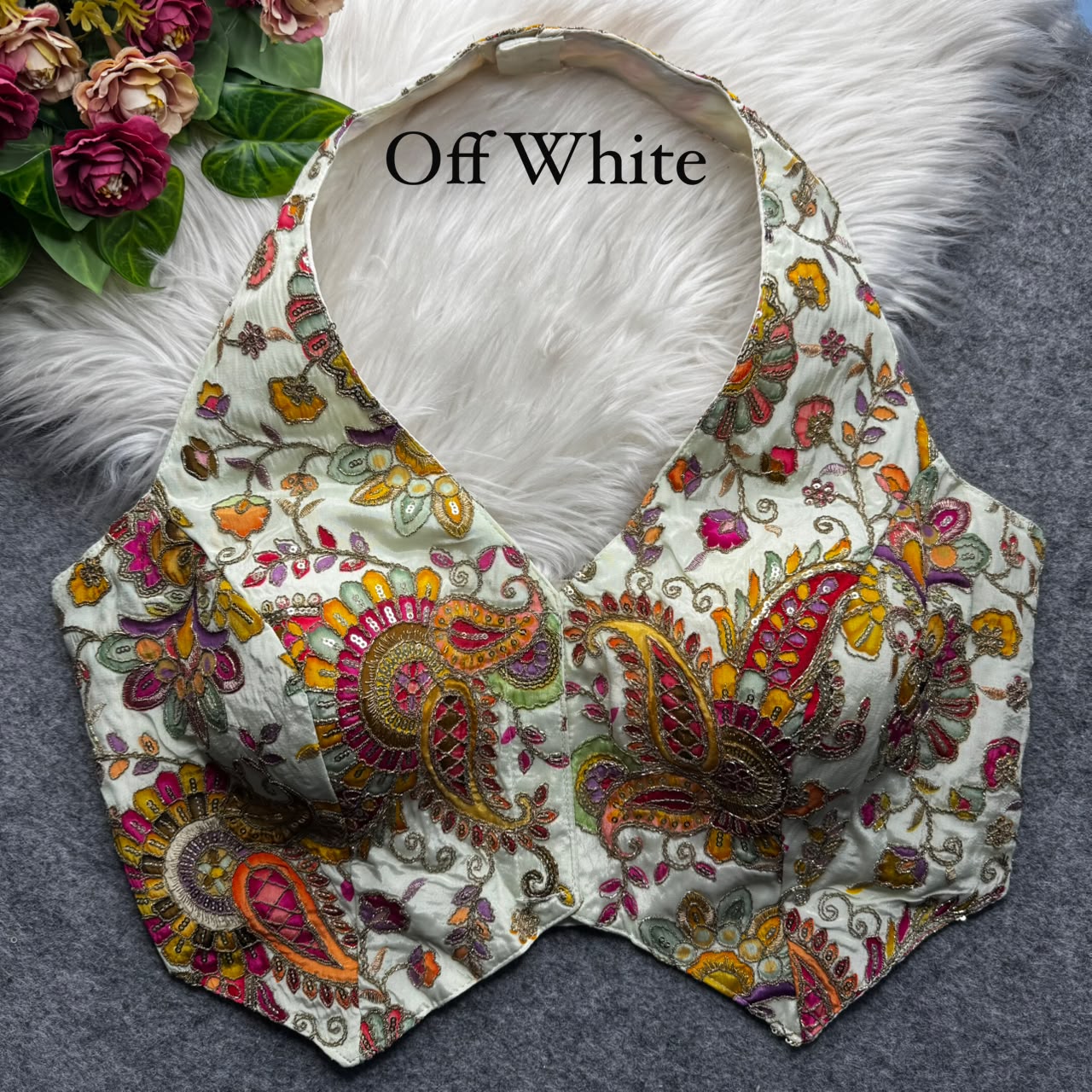 Off White Pure Viscose Soft Crape Silk Halter Neck Pure Position Work Navratri Blouse