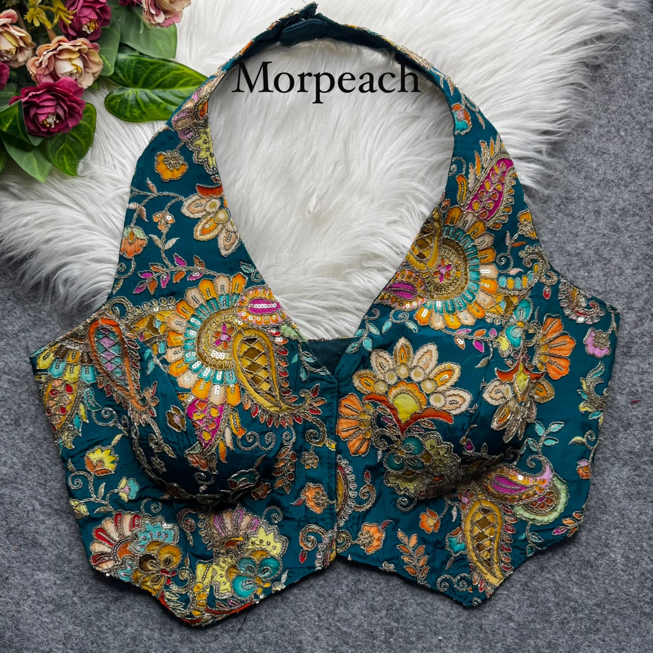 Morepeach Pure Viscose Soft Crape Silk Halter Neck Pure Position Work Navratri Blouse