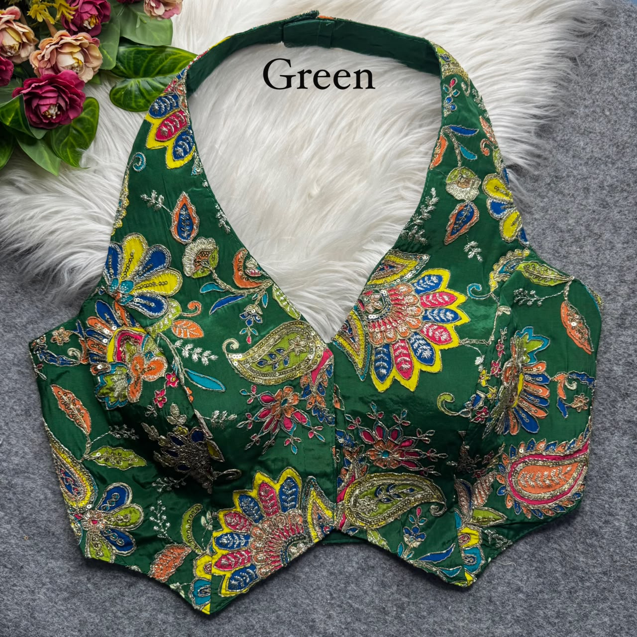Green Pure Viscose Soft Crape Silk Halter Neck Pure Position Work Navratri Blouse