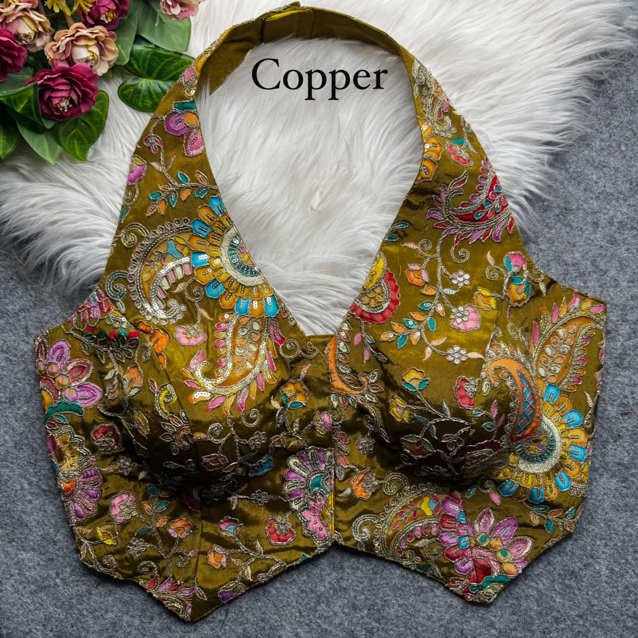 Copper Pure Viscose Soft Crape Silk Halter Neck Pure Position Work Navratri Blouse