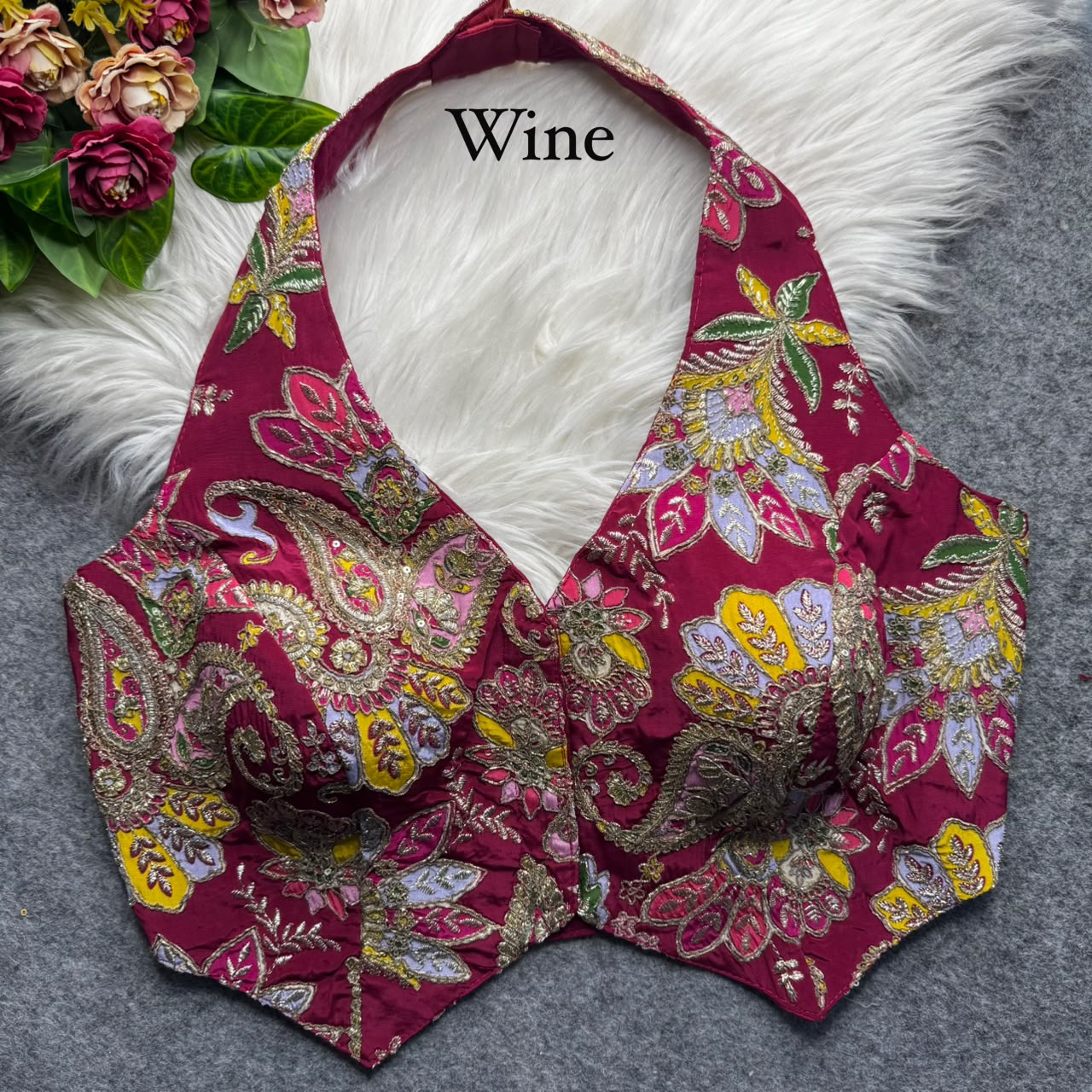 Wine Pure Viscose Soft Crape Silk Halter Neck Pure Position Work Navratri Blouse