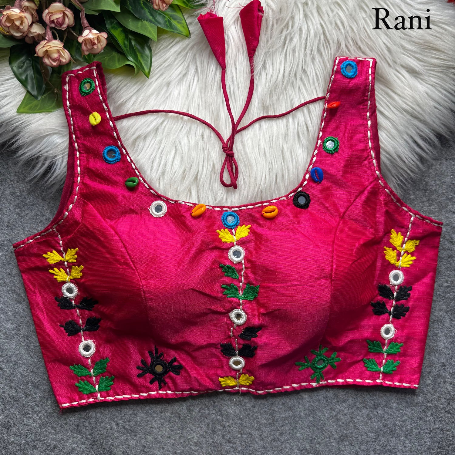 Rani Pure Soft Phantom Silk Multi Handwork Thread Kaudi Hand Mirror Work Navratri Blouse